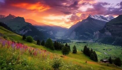 Majestic Mountain Valley at Sunset with Dramatic Sky  
