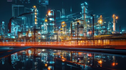 Aufkleber - Industrial Complex Illuminated at Night with Reflection in Water