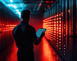 Leinwandbilder - Silhouette of a technician examining servers with a tablet in a dimly lit data center with red and blue lighting.