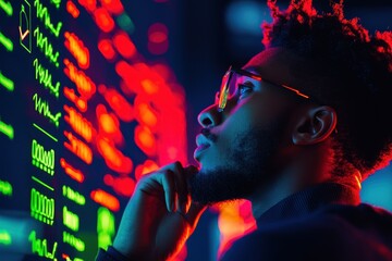 Poster - Focused individual analyzing digital data on a colorful screen, illustrating technology and data science concepts in a modern setting.