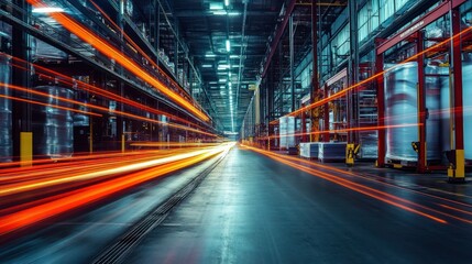 Poster - Long Exposure of Red and Yellow Light Trails in a Warehouse