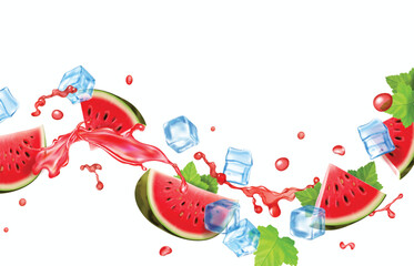 Sticker - Watermelon fly in red juice splashes. Ice cubes and fresh watermelon slices isolated on white background. 3d realistic advertising