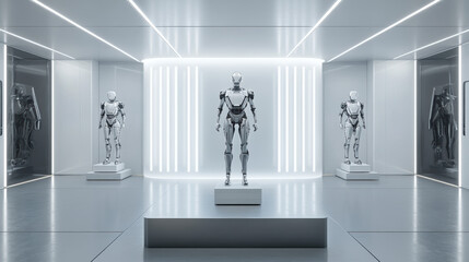 Poster - Mocap of futuristic exoskeleton suits displayed in a sleek high-tech showroom