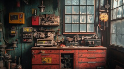 Poster - An Old, Dusty Workshop with Red Cabinets and Industrial Machinery