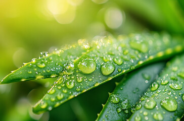 Wall Mural - close-up of the aloe vera leaves with water droplets on them