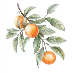 Watercolor Illustration of Orange Fruit and Dusty Green Branch Arrangement for Spring or Summer Design Generative AI