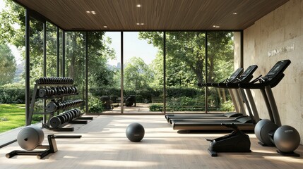 Wall Mural - Modern Gym Interior with Treadmills and Dumbbells