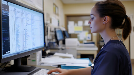 Canvas Print - Registered nurse reviews patient charts on a computer monitor at nursing station