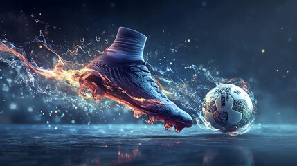 Wall Mural - Side view of football boot kicking a soccer ball. Generative AI