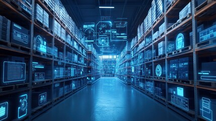 Poster - Futuristic Warehouse Interior with Digital Overlays