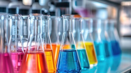 colorful chemical solutions in erlenmeyer flasks