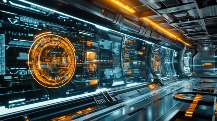 Poster - Futuristic spaceship interior with glowing interface screens