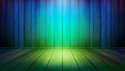 vintage overlay of an interior (with blue and green light) with textured wood background, copy space, abstract illuminated backdrop or wallpaper