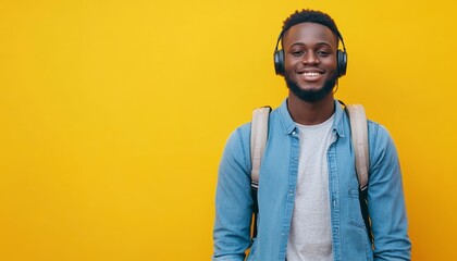 Happy Young Adult African American Man Smiling Against Yellow Background