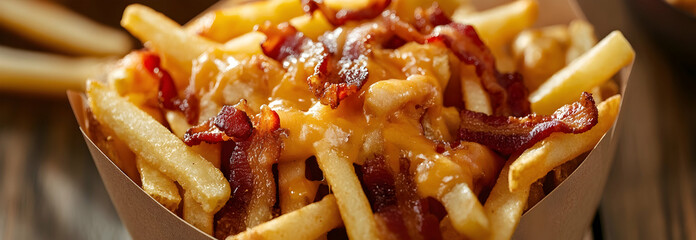 Wall Mural - Tasty but unhealthy French fries with bacon and cheese in fast food cafe