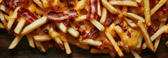 Wall Mural - Tasty but unhealthy French fries with bacon and cheese in fast food cafe