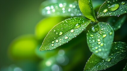 Wall Mural - Closeup of Dewy Green Leaves Showcasing Nature's Vibrant Beauty and Vitality