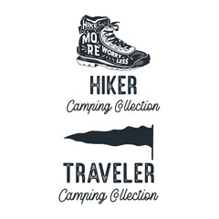 Wall Mural - Vintage Camping Silhouette Badges with quotes Hiker Outdoor Collection. Travel Monochrome Emblems. Hiking Logo Designs Set. Stock graphics