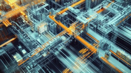 Poster - Abstract Cityscape with Intersecting Lines and Orange Pathways
