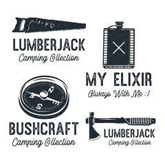 Wall Mural - Vintage Camping Silhouette Badges with quotes. Lumberjack Camp Collection Travel Monochrome Emblems. Hiking Logo Designs Set. Stock graphics