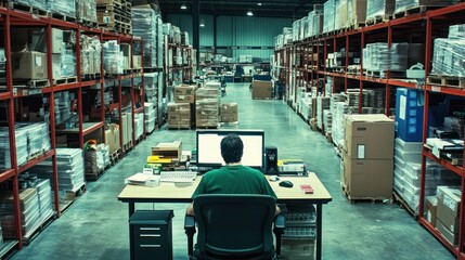 Poster - A Man Working Alone in a Large Warehouse with Rows of Stacked Boxes
