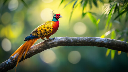 Wall Mural - Golden pheasant perched on a tree branch in a bamboo forest, its colorful feathers contrasting with the green background, Ai generated images