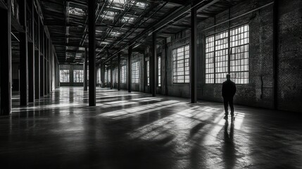 Wall Mural - A lone figure stands in a large, empty industrial space