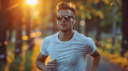 Canvas Print - A man wearing sunglasses and headphones is running in a park