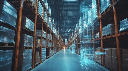 Poster - Warehouse Interior with Digital Data Overlay