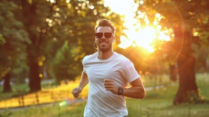 Canvas Print - A man is running in a park with the sun shining on him