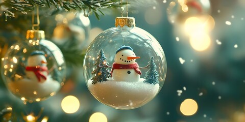 close-up of a christmas ornament featuring a snowman inside a transparent globe with festive decorat