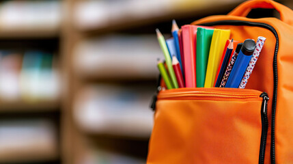 Close-up of an orange backpack filled with colorful school supplies, including pencils and markers, against a blurred background.