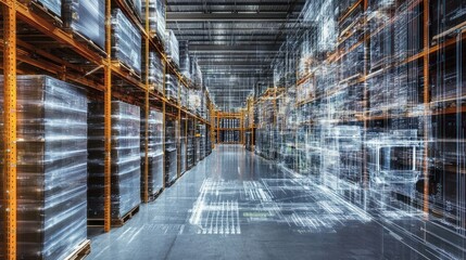 Poster - Warehouse with Digital Overlay Illustrating Supply Chain Connectivity