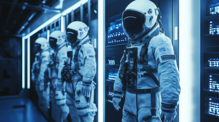 Poster - Mocap of space suits neatly organized on a futuristic wall-mounted display