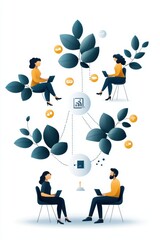 Fototapete - Creative illustration of people networking and collaborating online, connected through digital platforms with abstract plant elements.
