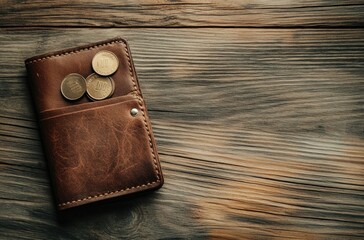 Wall Mural - Leather Wallet with Coins on Wooden Surface