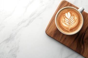 Wall Mural - Latte Art in a White Cup on a Wooden Board