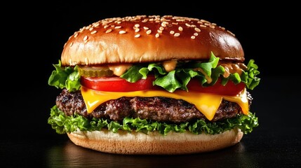 A perfectly grilled juicy beef burger dripping with melted cheese and topped with fresh lettuce and tomato captured against a dark black background with soft follow lighting focusi