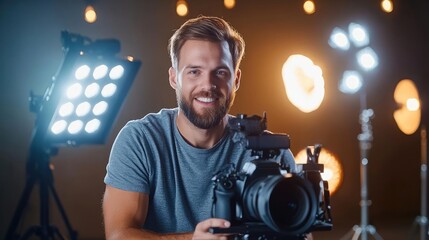 A professional lighting crew setting up LED lights and reflectors around a product in a studio while the photographer checks the exposure on his camera great for showing the techni