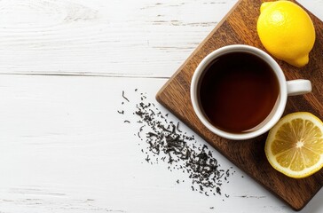 Wall Mural - Lemon Tea with a Wooden Board on a White Wooden Background