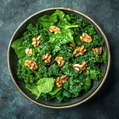 9. Leafy green salad with kale, spinach, and walnuts, nutrient-dense meal, brain health focus.