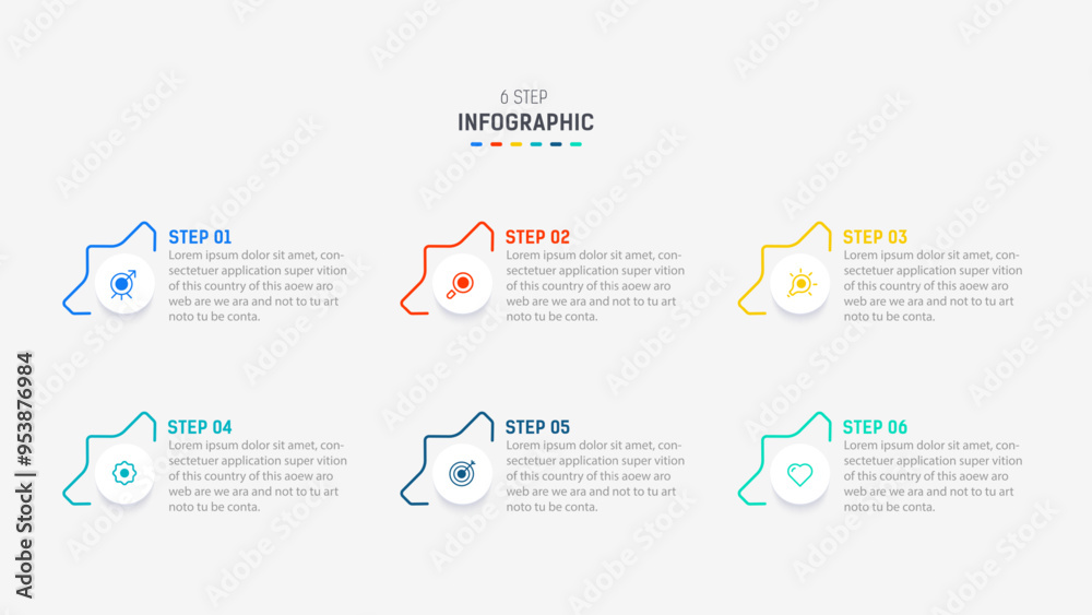 Business  infographics design for Six Step, option, parts or process. Infographic 6 element design template for presentation.  process diagram, step banner, flow chart, 6 option template.