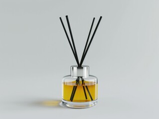 an elegant essential oil diffuser featuring a wood grain bottle, reed sticks, and a glass container 