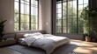 © NATTAWUT - Minimalist design of a modern bedroom with clean lines, neutral tones, and large windows in a loft