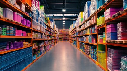 Poster - Rows of Colorful Plastic Containers and Boxes in a Warehouse
