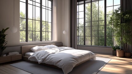 Wall Mural - Minimalist design of a modern bedroom with clean lines, neutral tones, and large windows in a loft