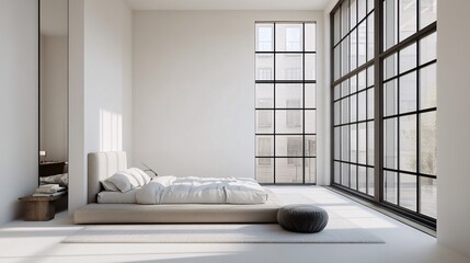 Wall Mural - Minimalist design of a modern bedroom with clean lines, neutral tones, and large windows in a loft