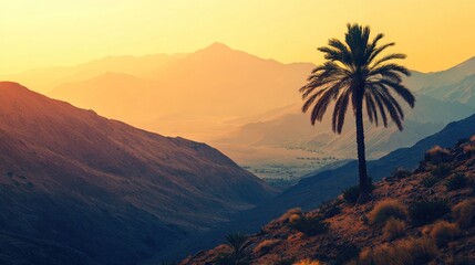 Poster - Palm Tree Sunset in a Mountain Valley