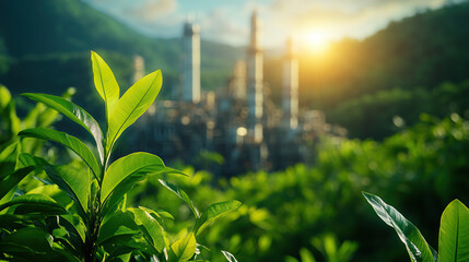 Lush greenery in foreground with industrial structures and a vibrant sunset illuminating a serene landscape.