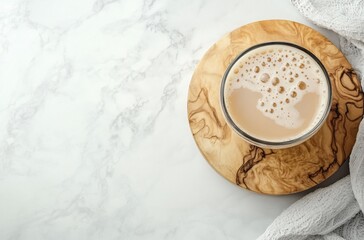 Sticker - Closeup of Creamy Latte with Foam on Wooden Coaster